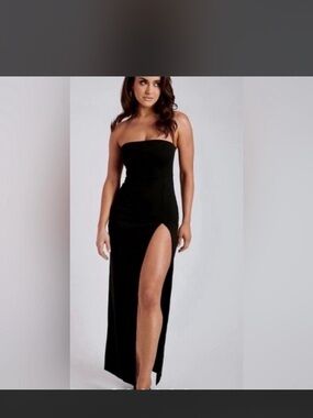 Meshki long slit front black dress strapless